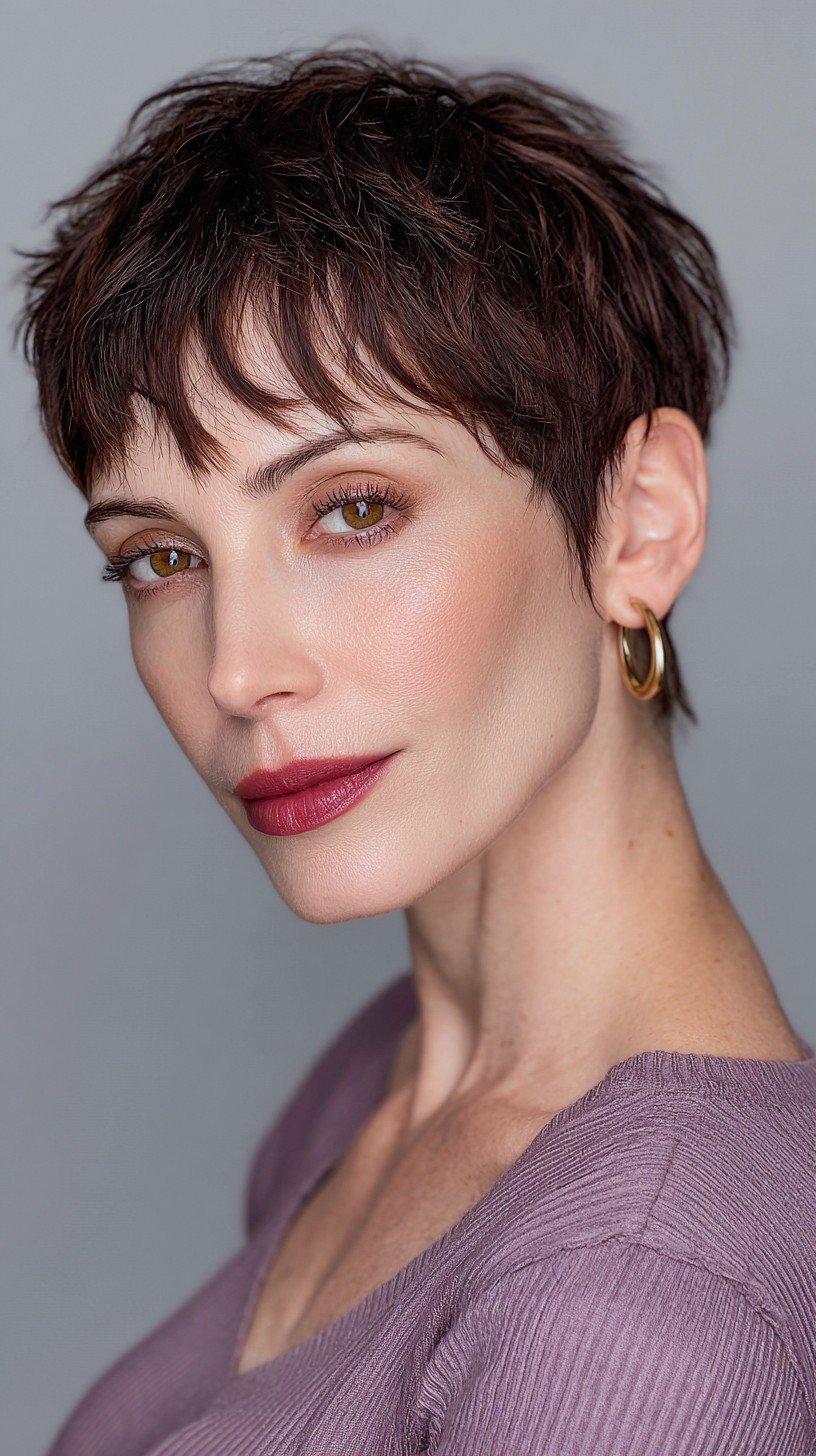 Textured Chocolate Pixie Cut with Soft Bangs