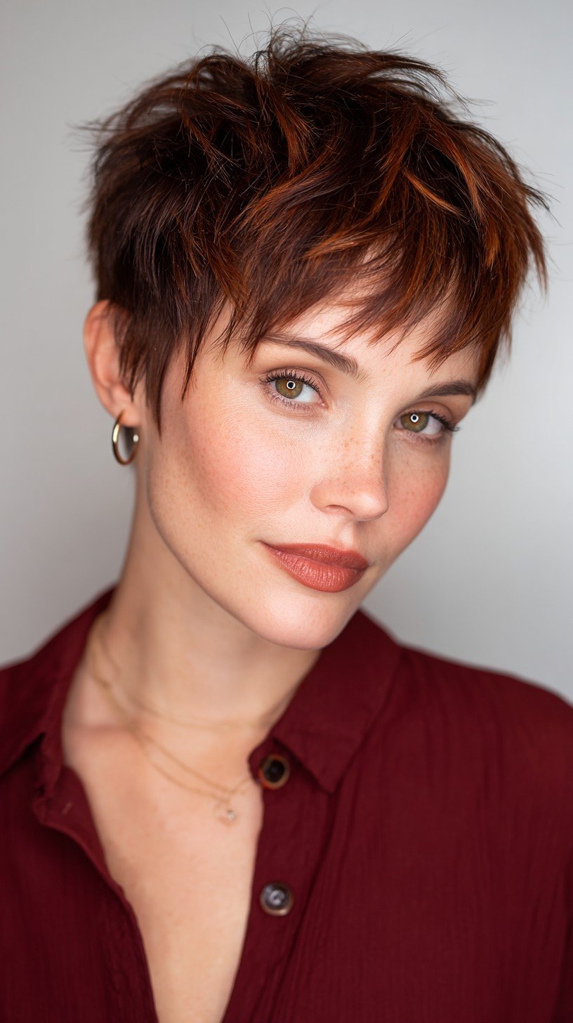 Textured Copper Pixie Cut with Edgy Layers