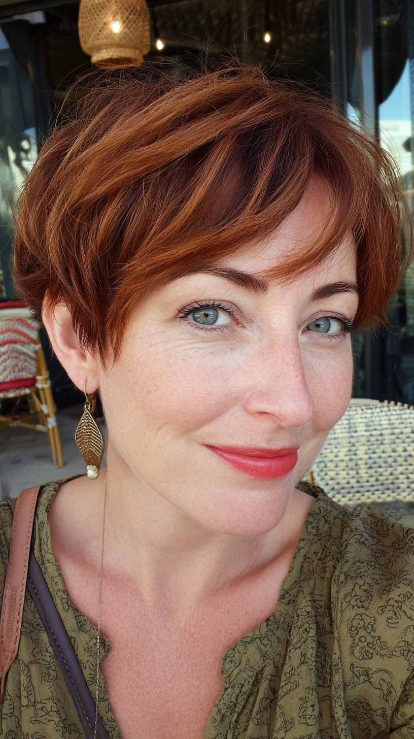 Textured Copper Pixie with Soft Feathered Bangs