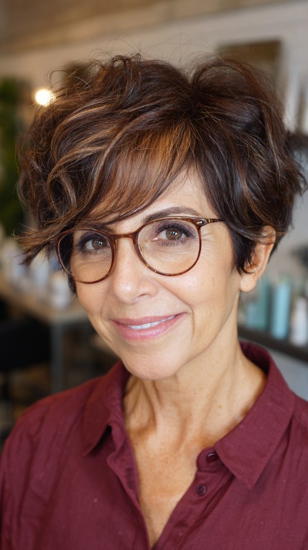 Textured Curly Pixie Bob with Warm Highlights