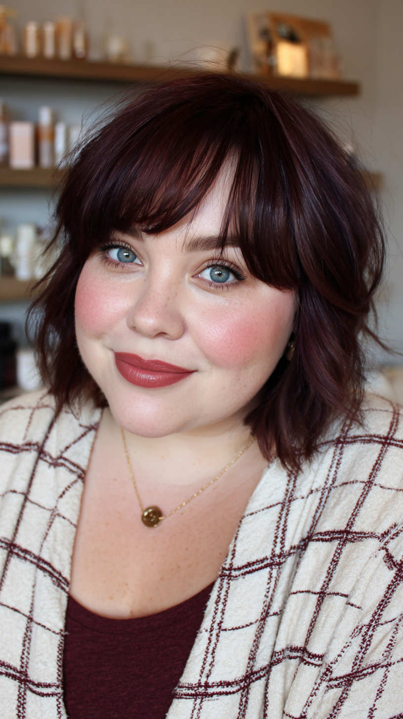 Textured Deep Mahogany Bob with Soft Fringe