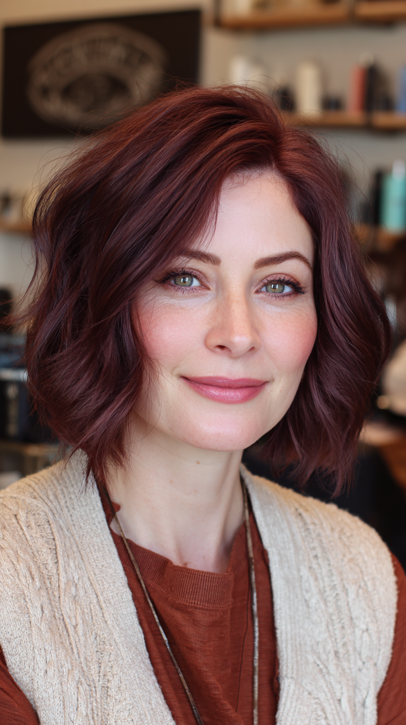 Textured Deep Mahogany Bob with Soft Layers
