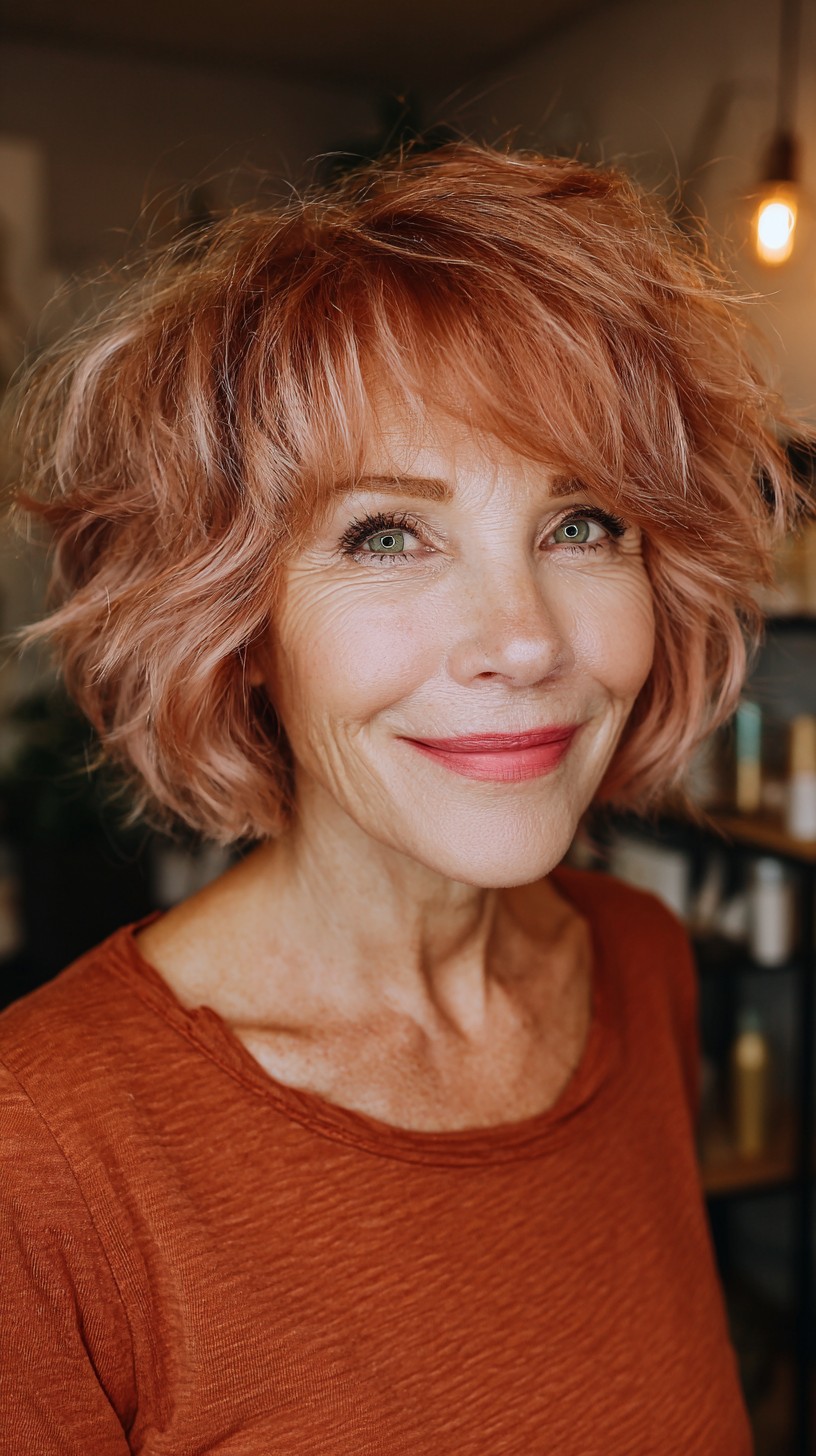 Textured Rose Gold Bob with Soft Curls