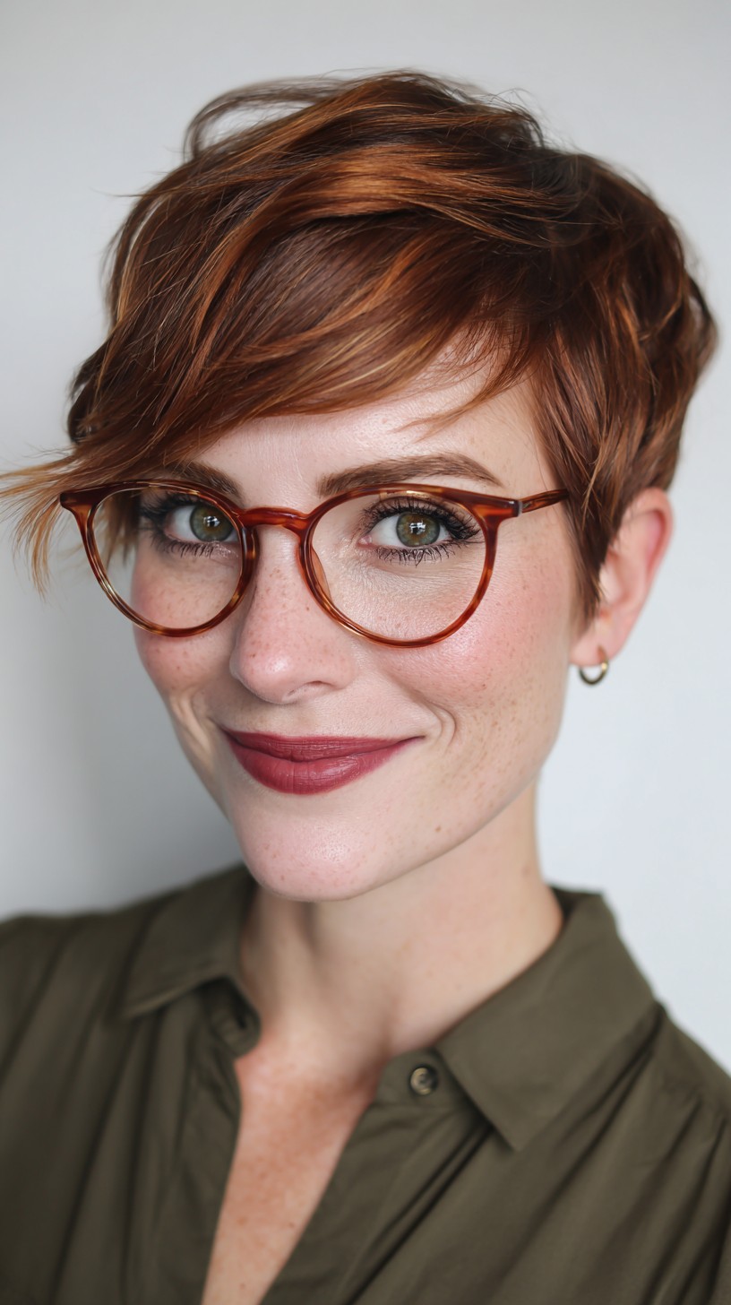 Textured Rusty Pixie Cut with Side-Swept Bangs