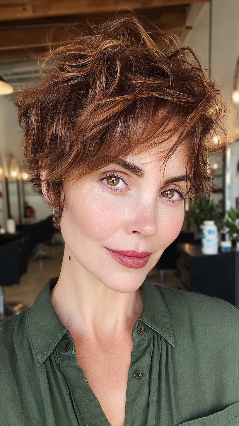 Textured Warm Red Pixie Cut with Lively Curls