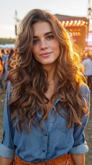 Voluminous Layered Beachy Waves with Sun-Kissed Highlights