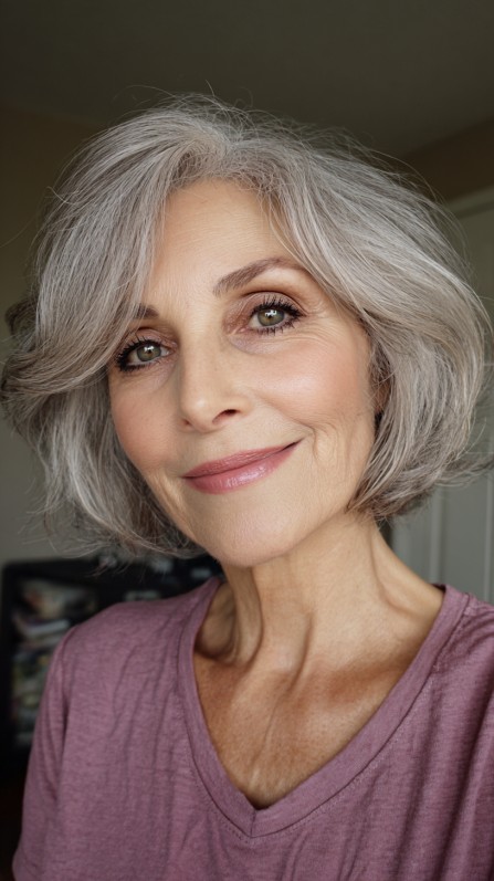 Charming Soft Gray Bob with Light Face Framing