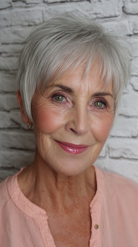 Chic Short Silver Pixie with Gentle Face Framing