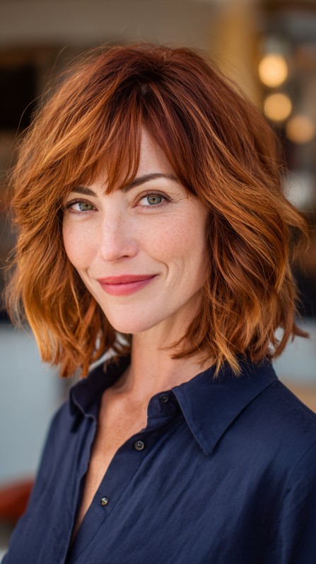 Chic Textured Shoulder-Length Cut with Vibrant Copper Highlights