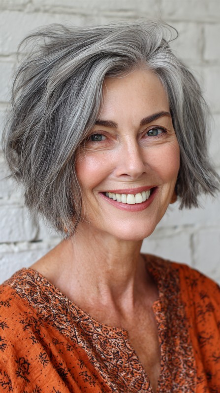 Textured Grey Bob with Soft Waves