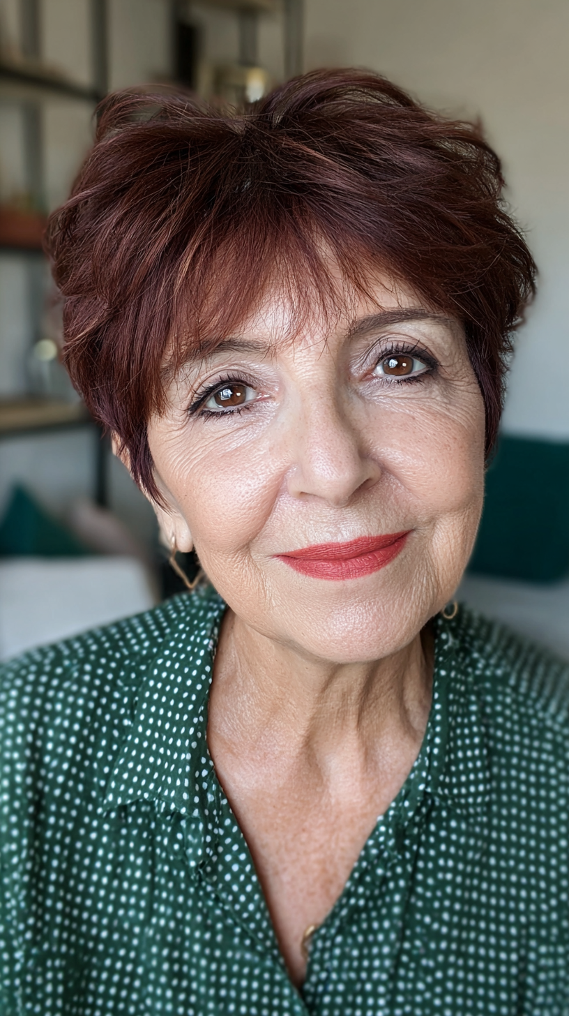 Textured Short Pixie with Rich Burgundy Highlights