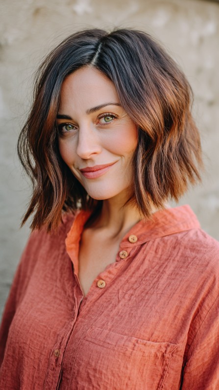 Textured Shoulder-Length Bob with Warm Undertones