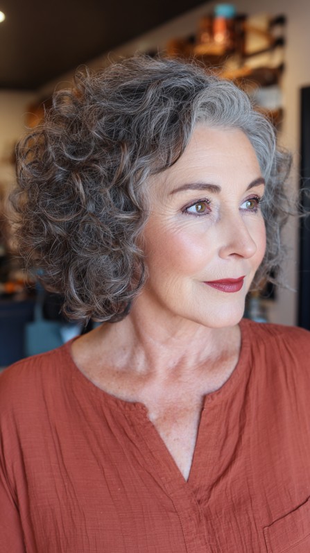 Chic Curly Stacked Bob with Gray Highlights