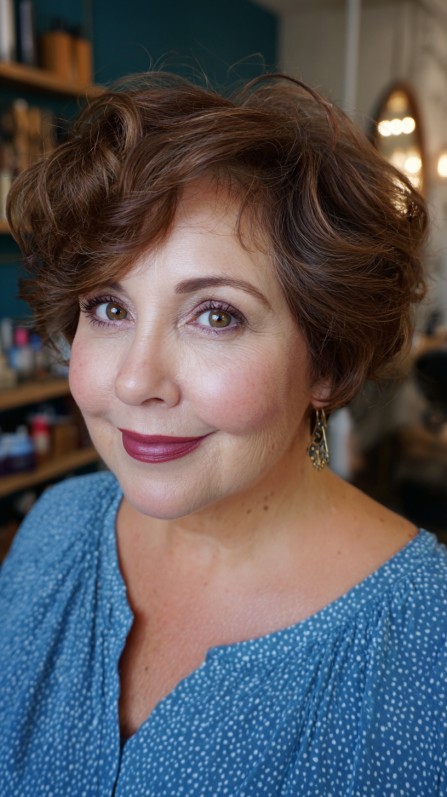 Chic Curly Stacked Bob with Soft Warm Tones