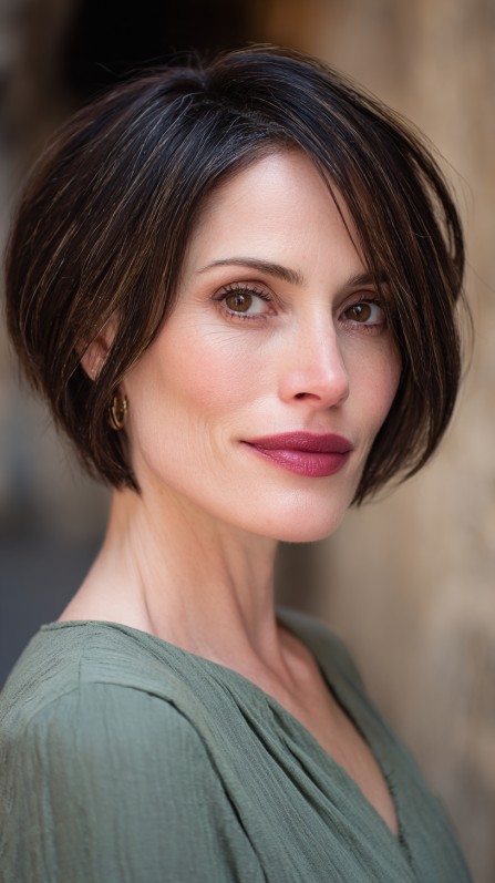 Chic Dark Stacked Bob with Subtle Highlights