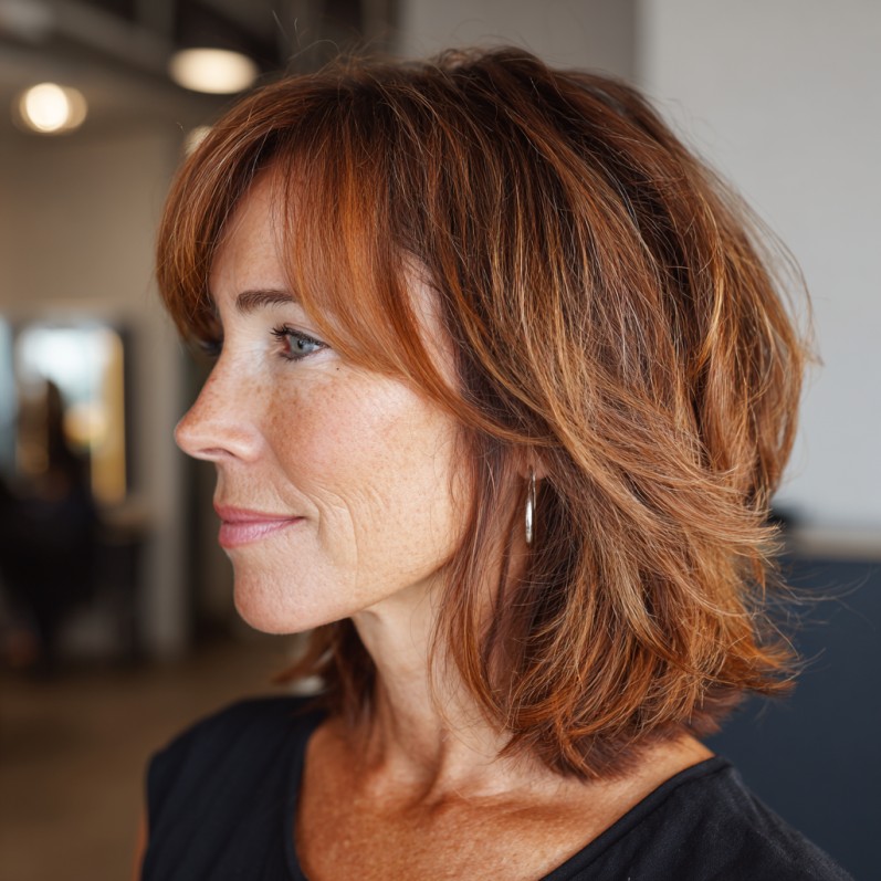 Warm Copper Stacked Shag Cut with Face-Framing Layers