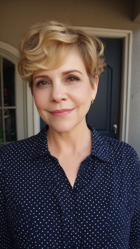 Soft Curly Blonde Pixie Cut with Subtle Layers