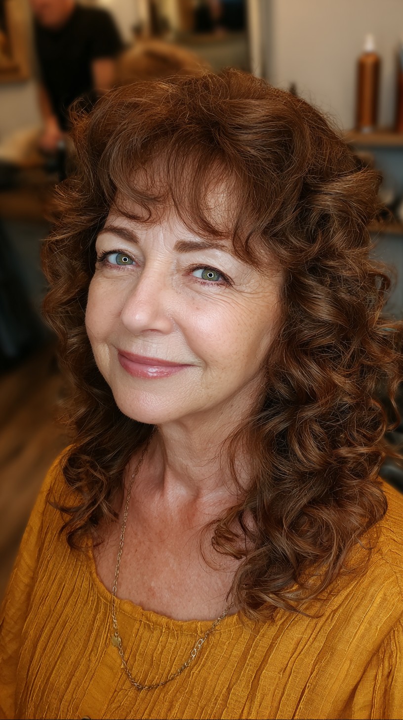 Elegant Soft Curly Layers with Face-Framing Bangs
