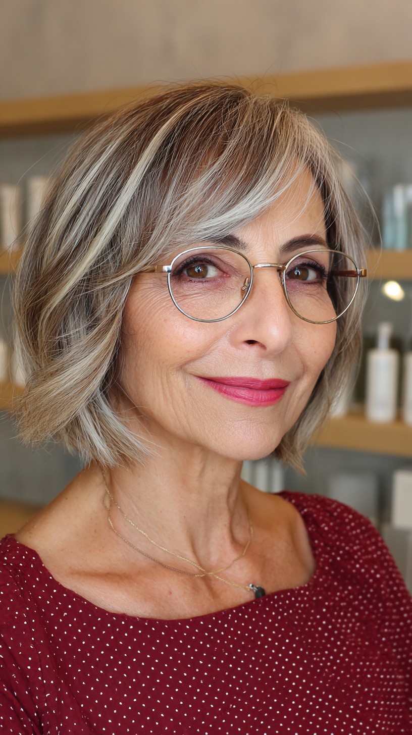 Modern Textured Lob with Silver Balayage Highlights