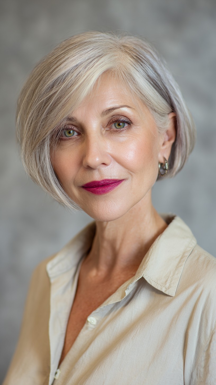 Sleek Textured Silver Bob with Side-Swept Bangs