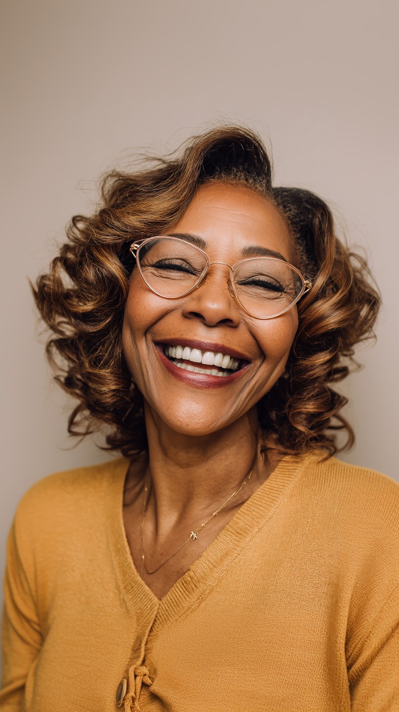 Stylish Curly Lob with Warm Balayage Highlights