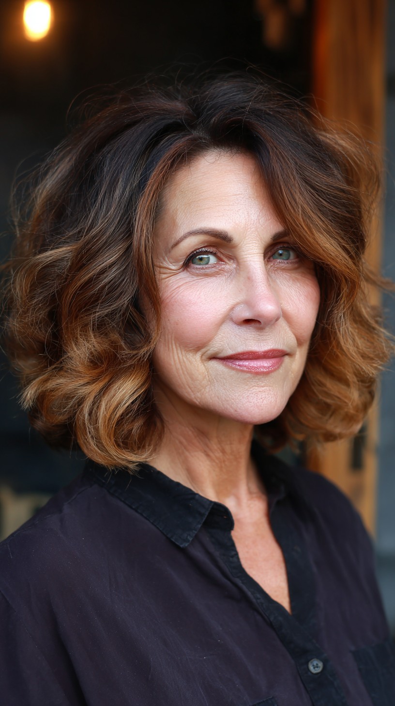 Textured Shoulder-Length Waves with Warm Highlights