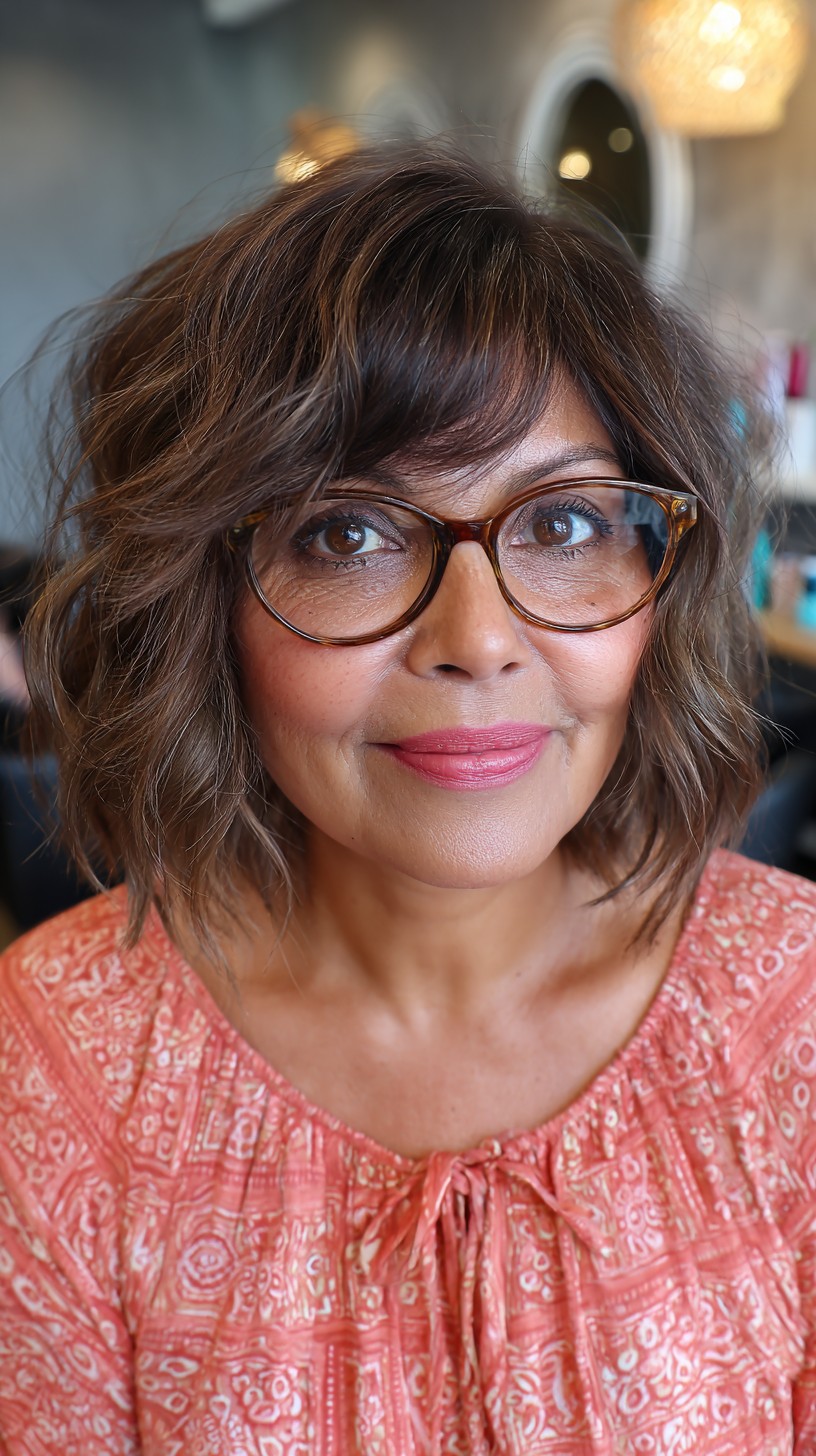 Textured Wavy Lob with Soft Balayage Highlights