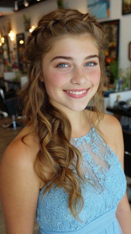 Charming Half-Up Fishtail Braid with Soft Loose Curls