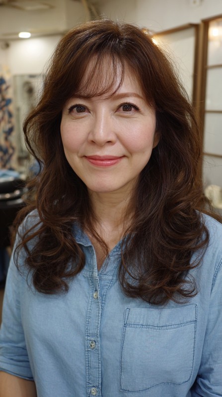 Chic Medium-Length Layered Waves with Soft Bangs