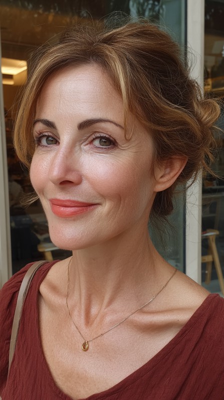 Effortlessly Chic Messy Bun with Face-Framing Tendrils