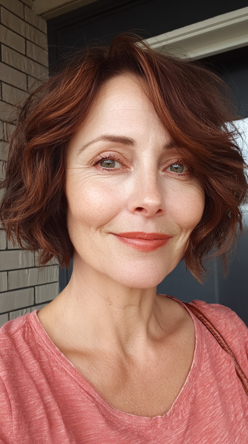 Stylish Textured Bob with Rich Auburn Highlights