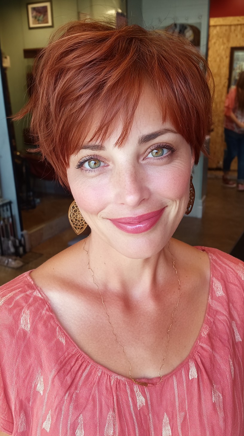 Charming Layered Red Pixie Cut with Textured Bangs