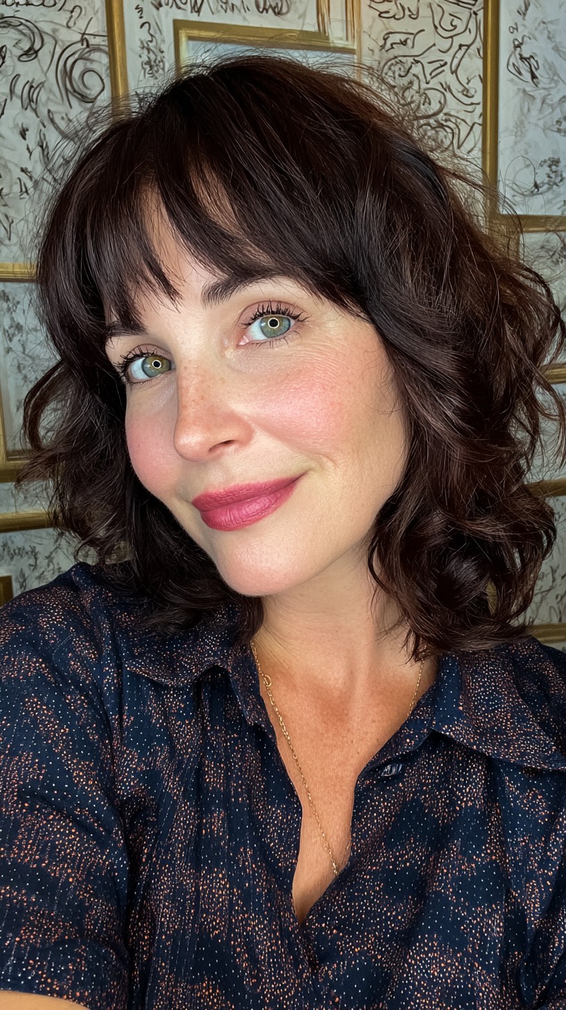 Chic Curly Lob with Subtle Bangs