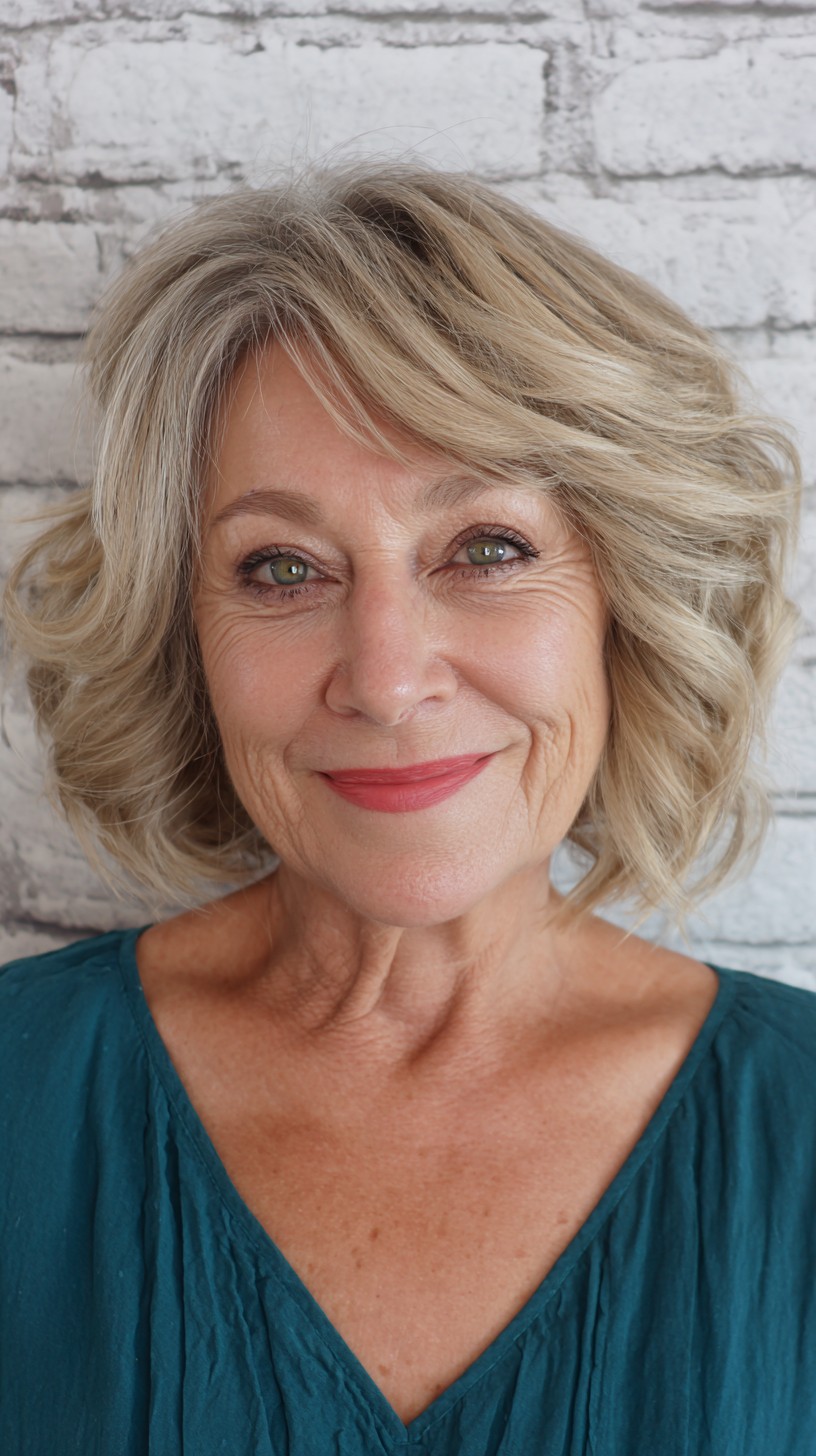 Chic Curly Shoulder-Length Blonde with Textured Layers