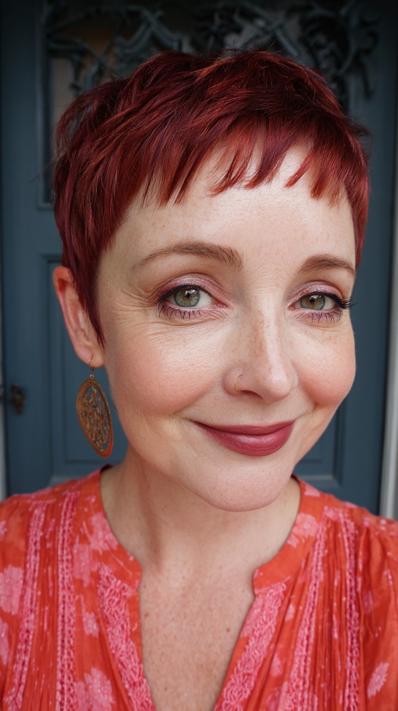 Chic Short Red Pixie Cut with Subtle Textured Fringe