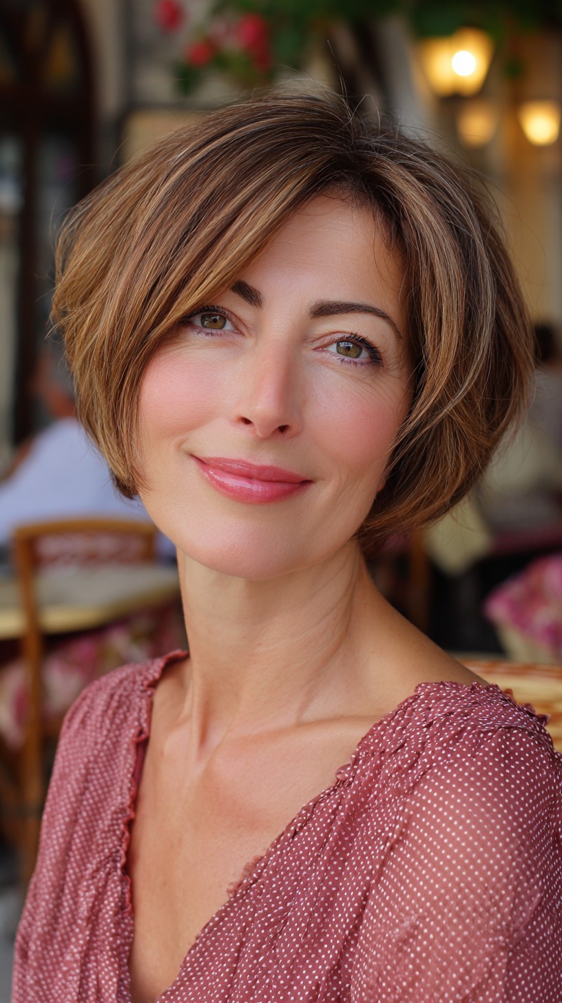 Chic Textured Bob with Light Caramel Highlights