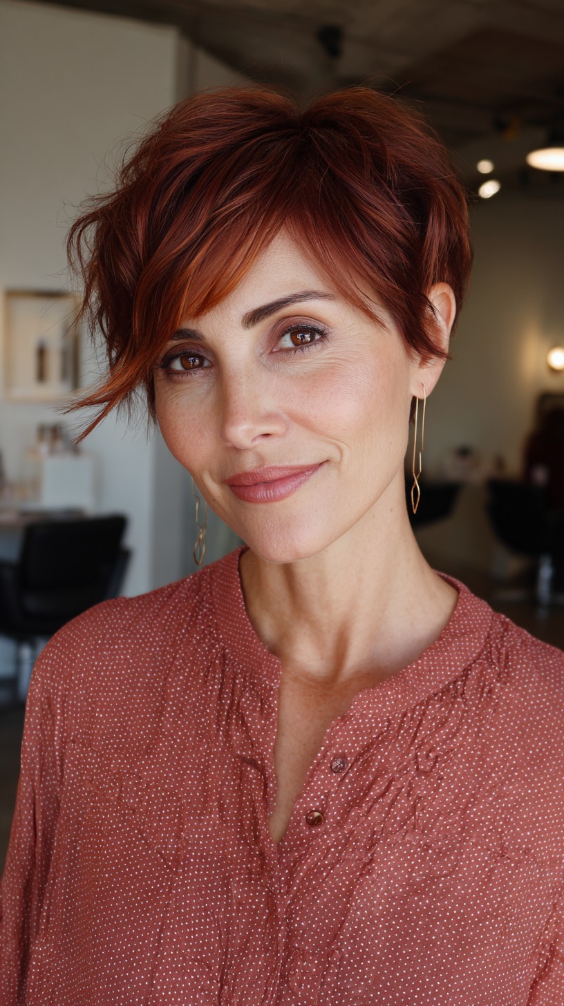 Chic Textured Red Pixie Cut with Side-Swept Layers
