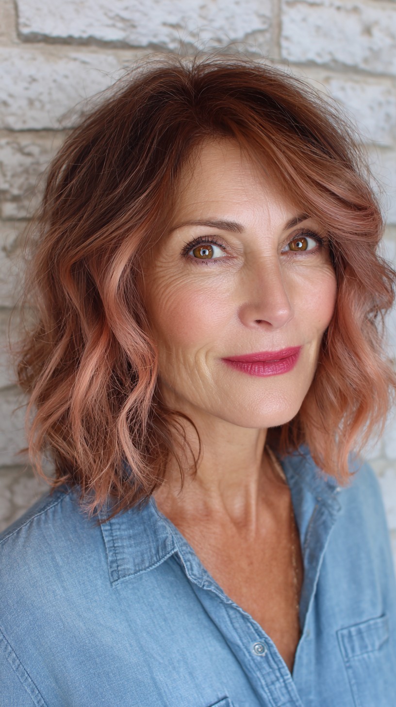 Chic Textured Shoulder-Length Cut with Rose Gold Highlights