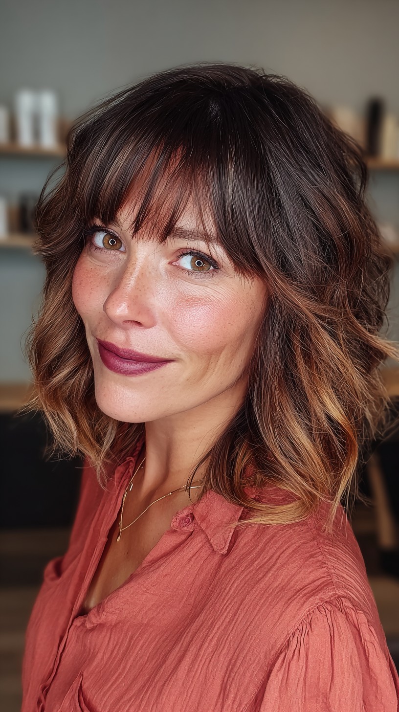 Chic Textured Waves with Playful Choppy Bangs