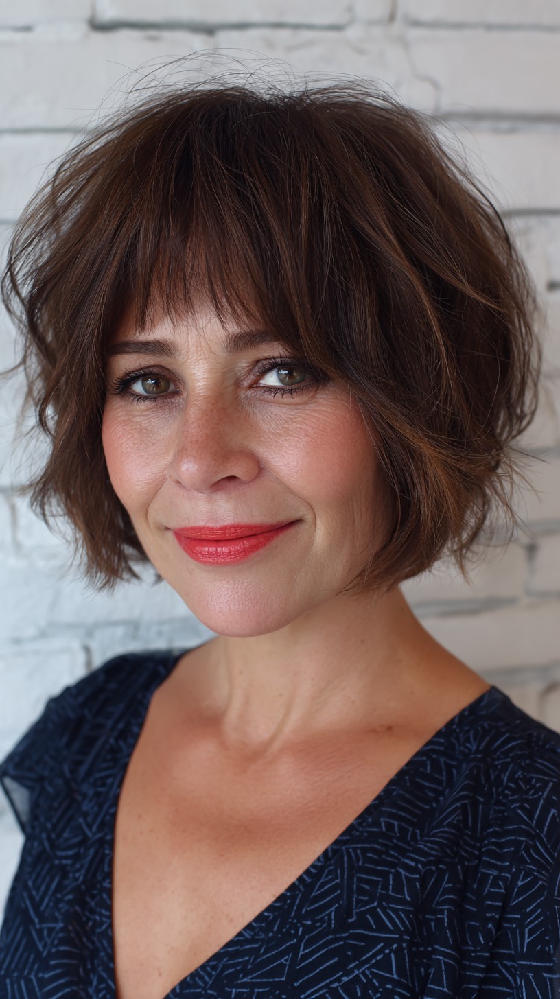 Choppy Brunette Bob with Playful Fringes