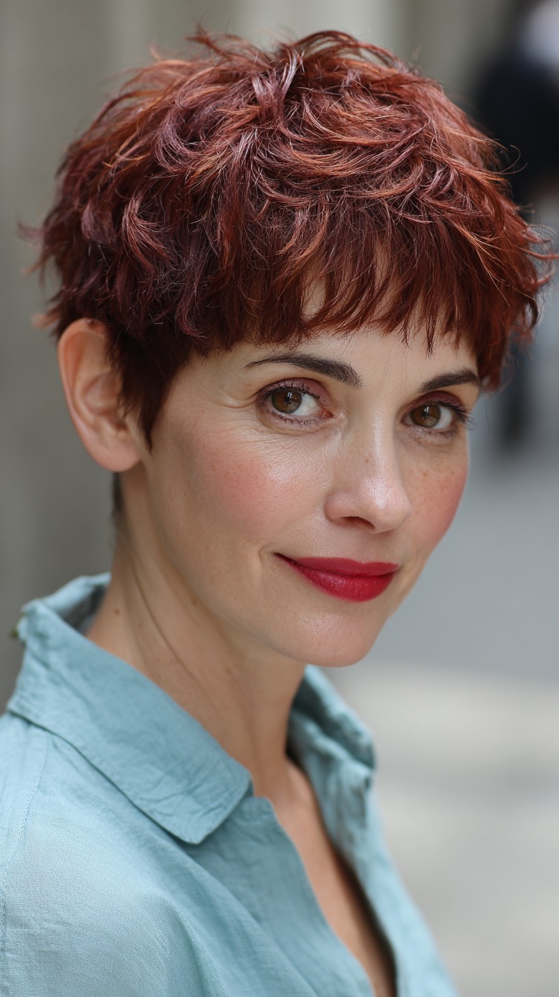 Choppy Textured Red Pixie with Micro Bangs
