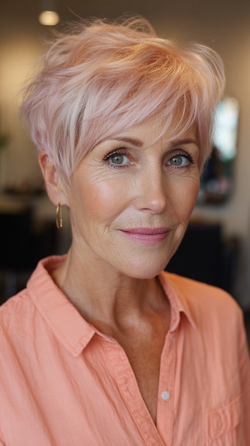 Edgy Light Rose Gold Textured Pixie with Effortless Layers