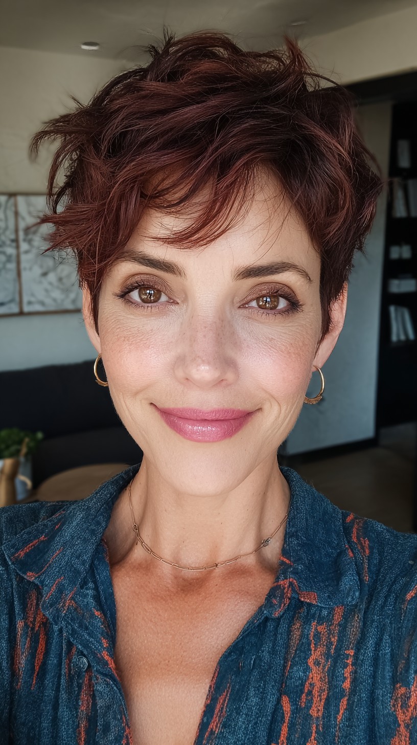 Effortlessly Tousled Red Pixie Cut with Textured Layers