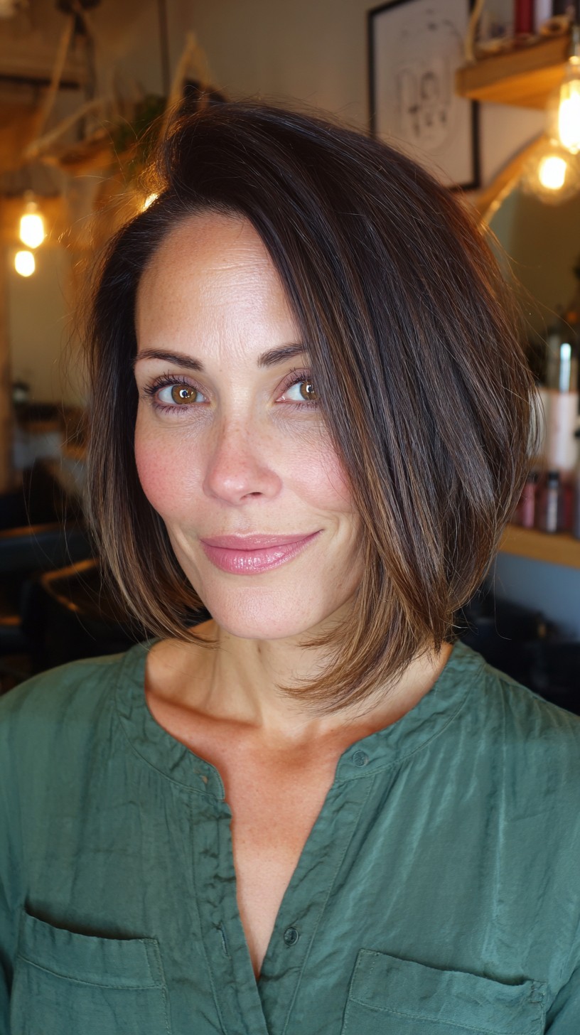Modern Angled Brunette Bob with Subtle Movement