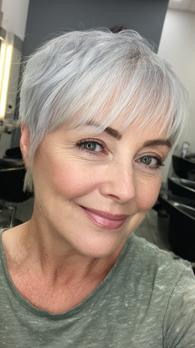 Modern Layered Silver Pixie with Soft Fringe