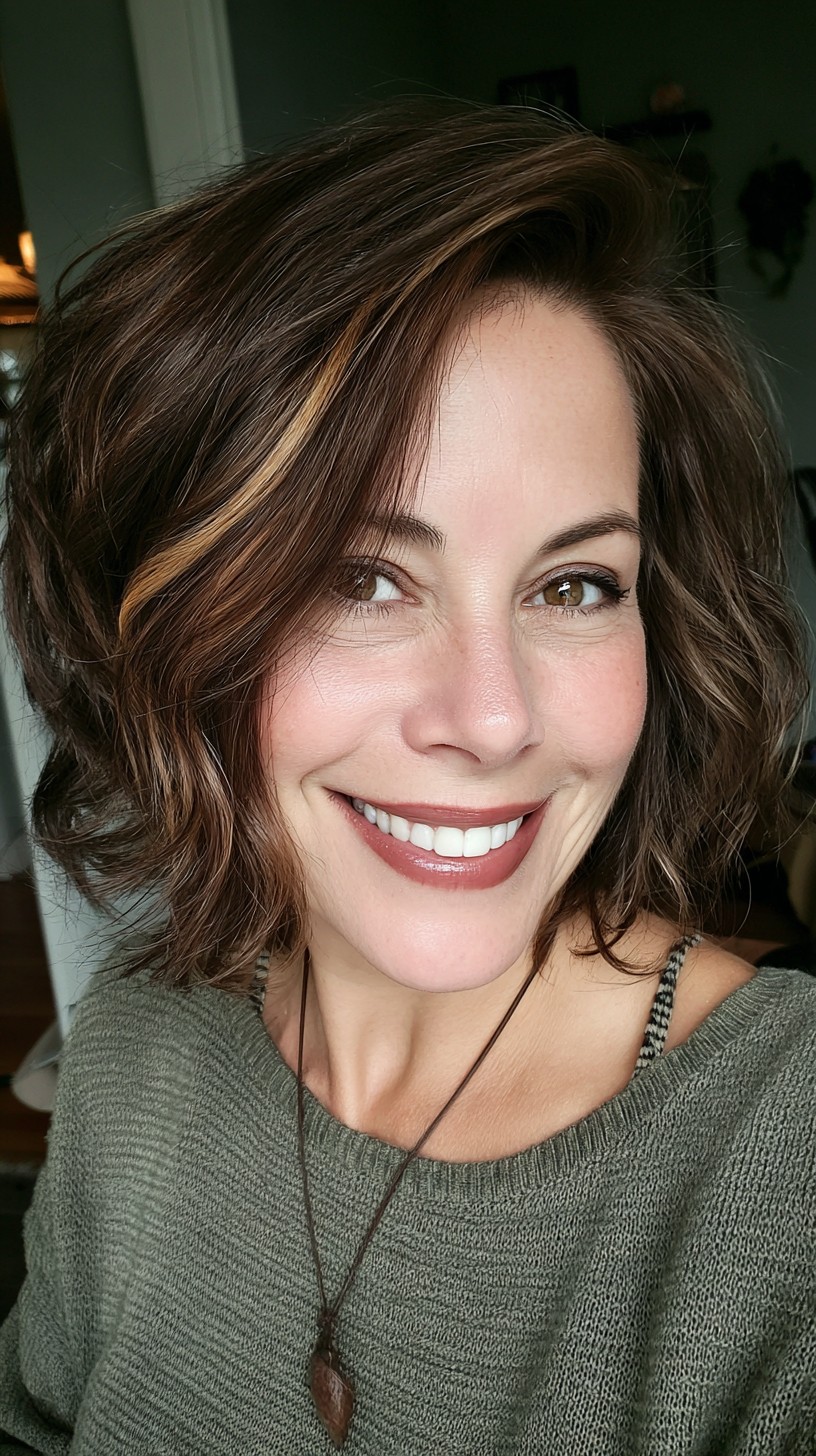 Modern Textured Brunette Bob with Light Caramel Highlights
