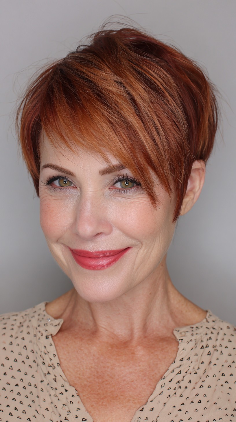 Playful Textured Red Pixie Cut with Side-Swept Bangs