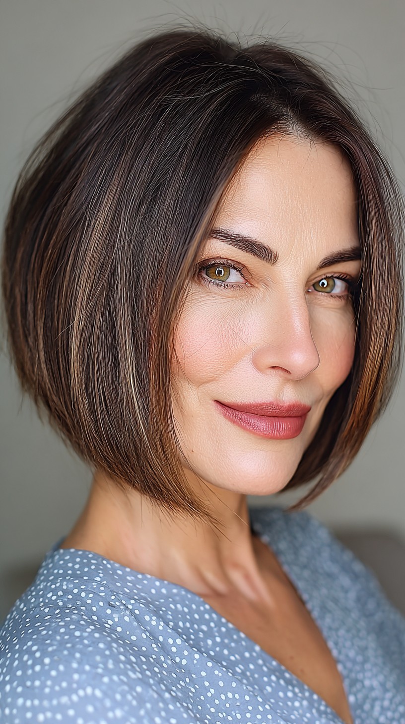 Smooth Brunette Bob with Subtle Caramel Highlights