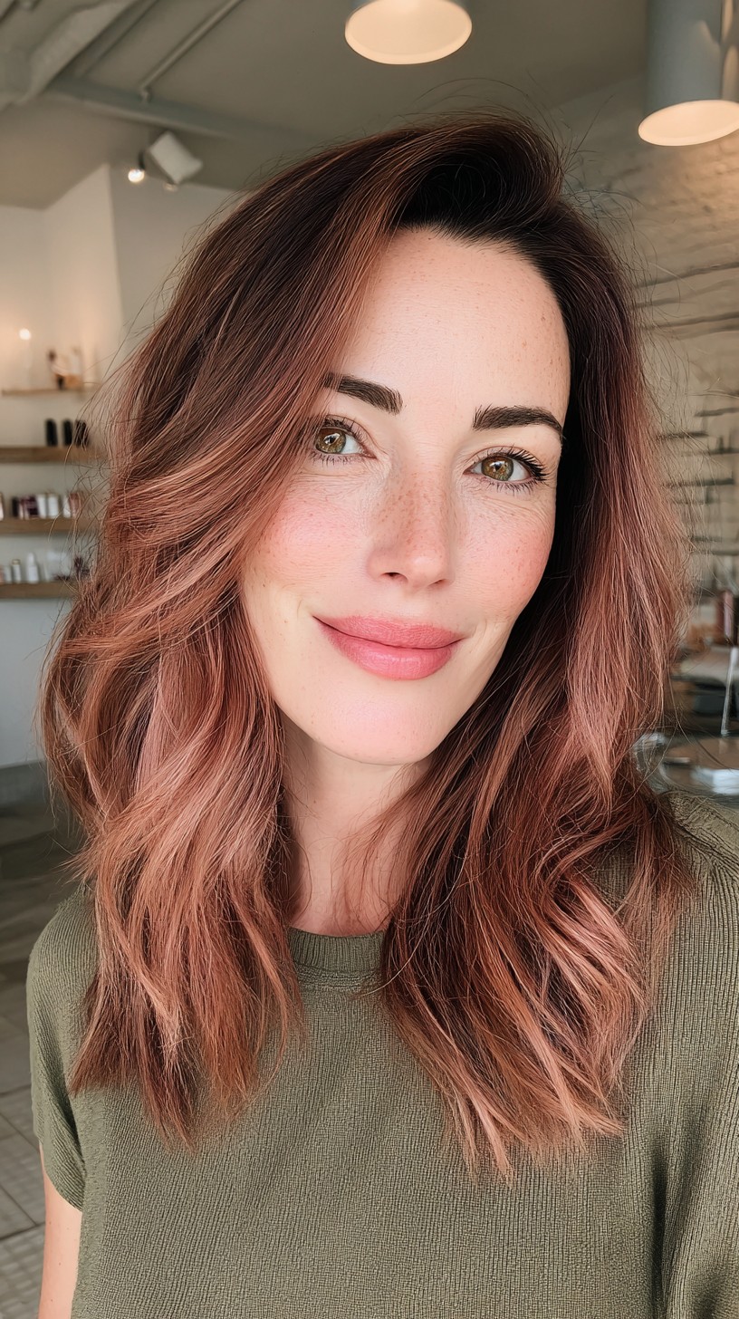 Soft Rose Gold Balayage with Natural Texture