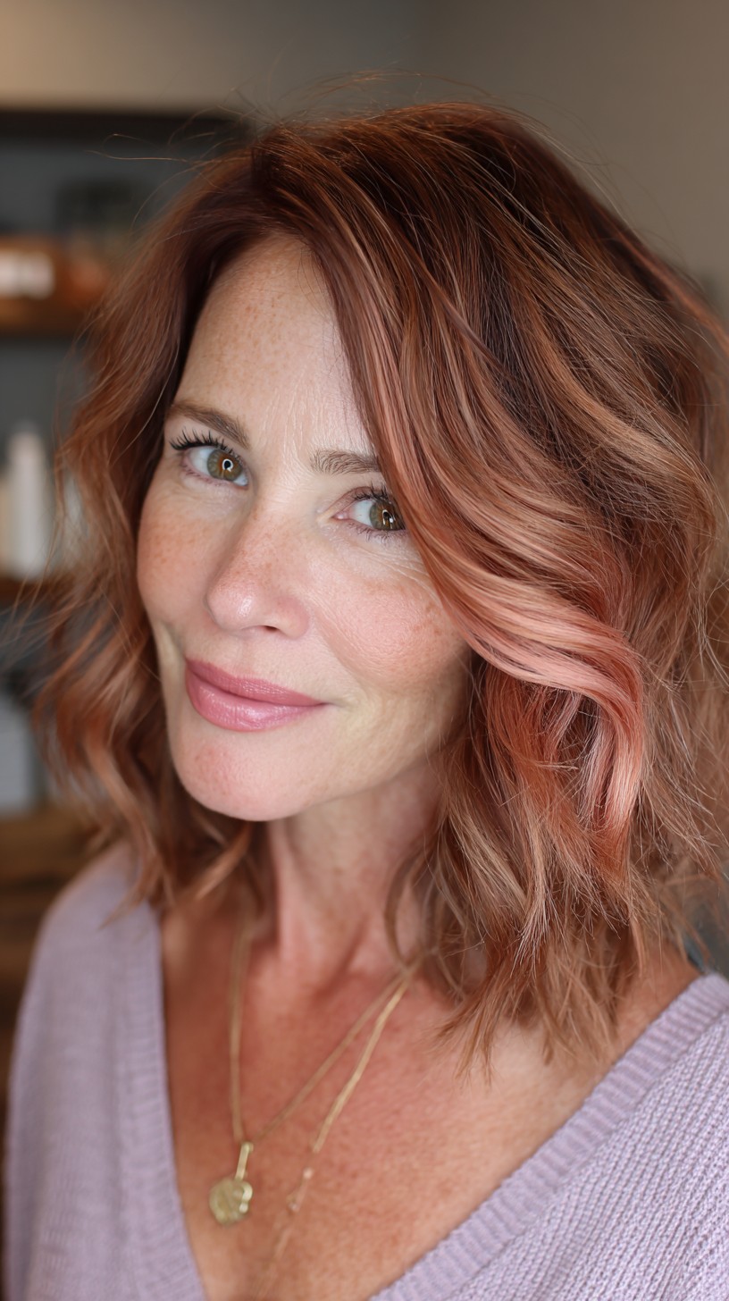 Soft Wavy Lob with Rose Gold Highlights